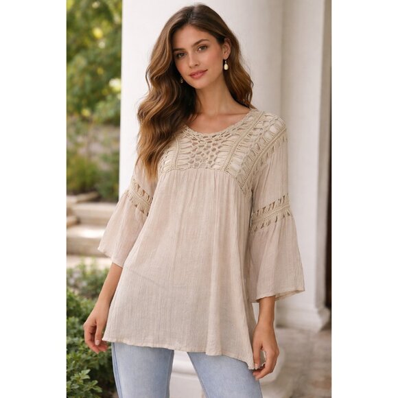 Mystic Prysm by Listicle Tops - Mystic Prysm Boho Crochet Lace Bell Sleeve Beige Cream Peasant Top Sz M Gauzy